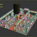 Exhibition Booth 3D Design With Multiple Sections Tables Chairs Tall Black Structure And Colorful Layout