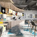 Mall Restaurant Shop Interior With Dining Tables Pendant Lights And Menu Boards