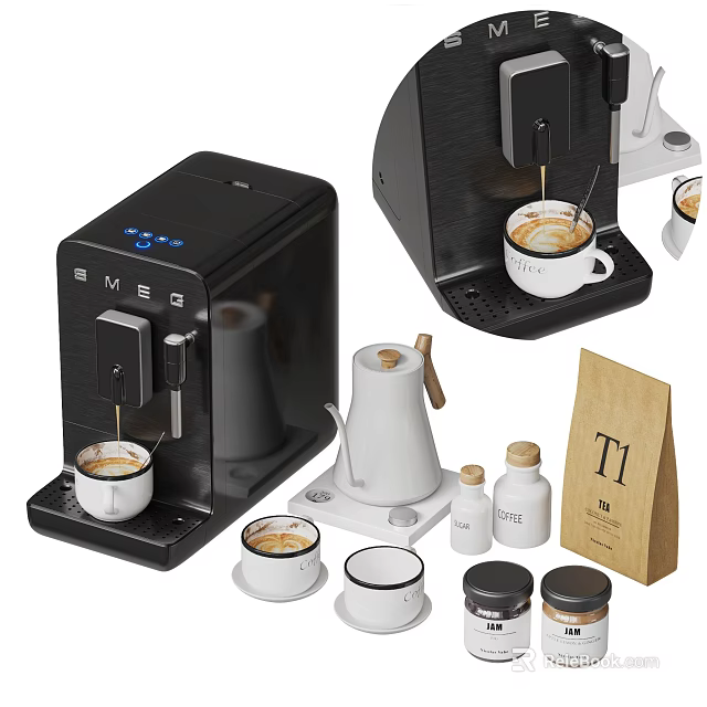 Modern Kitchen Coffee Machine With Espresso Maker Cups Beans Accessories 3d model 
