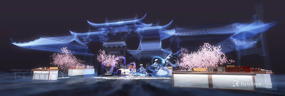 Chinese Ancient Architecture Night Scene With Cherry Blossoms And Lighting Decorations 3d model 