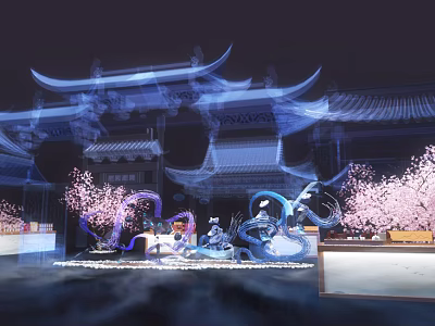 Chinese Ancient Architecture Night Scene With Cherry Blossoms And Lighting Decorations 3d model