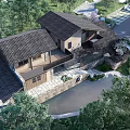 Traditional Ancient Building With Stone Walls Sloped Roof And Lush Garden Plants