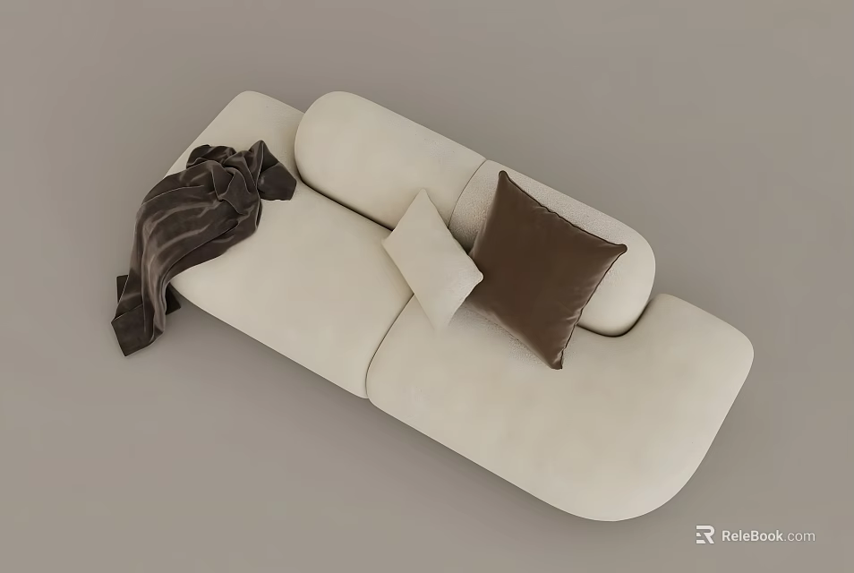 White Two Seater Sofa With Beige And Brown Cushions And Brown Striped Throw Blanket 3d model 