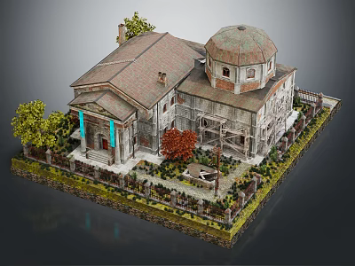 Classic Style Detached Villa With Dome Roof Brown Tiles Courtyard And Green Plants 3d model