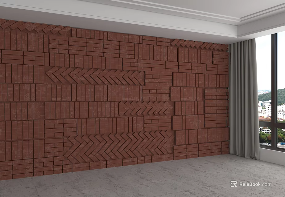 Red Brick Background Wall With Different Patterns Herringbone Design In Room With Window And Curtain 3d model