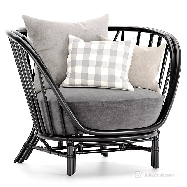 Black Rattan Leisure Chair With Gray Cushion And Plaid Beige Pillows 3d model 