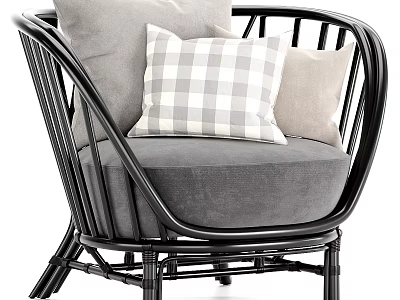 Black Rattan Leisure Chair With Gray Cushion And Plaid Beige Pillows 3d model