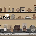 Elegant Decorative Ornament Sets With Clay Pots Vases Figurines Picture Frames And Books On Shelves