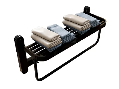 Black Wall Mounted Towel Rack With White And Blue Folded Towels 3d model