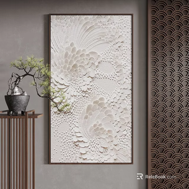 Indoor Decor Featuring Light Floral Relief Wall Art Dark Wavy Panel And Small Pine Bonsai 3d model 