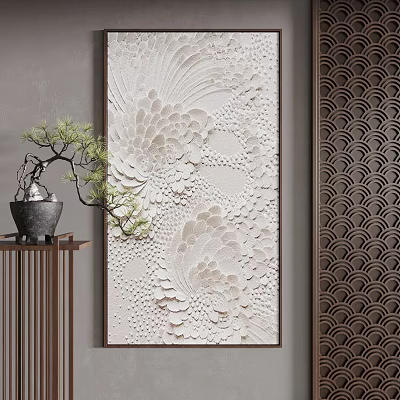 Indoor Decor Featuring Light Floral Relief Wall Art Dark Wavy Panel And Small Pine Bonsai 3d model