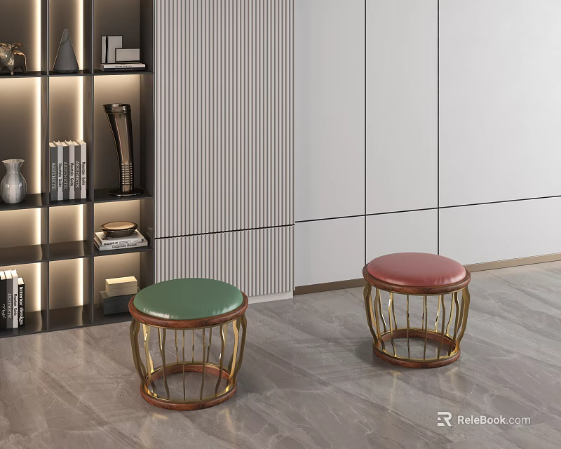 Modern Interior With Green And Red Leather Stools On Gold Metal Frames 3d model 