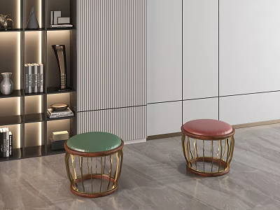 Modern Interior With Green And Red Leather Stools On Gold Metal Frames 3d model