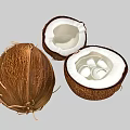 Fresh Coconut With Whole And Halved Sections White Meat Clear Water And Green Leaves