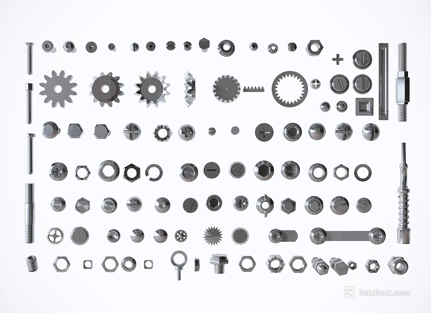 Various Types of Hardware Tools Including Gears Bolts Nuts Washers and Screws 3d model 