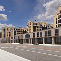 Vibrant Commercial Street With Multi Story Buildings Cars Pedestrians Trees And Sunlight