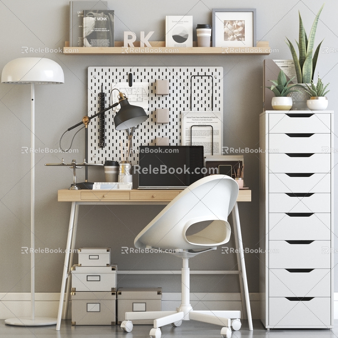 Modern desk and chair combination cabinet shelf 3d model