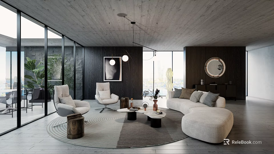 Elegant Modern Living Room With Soft Curved Sofa And Floor To Ceiling Glass Windows 3d model 