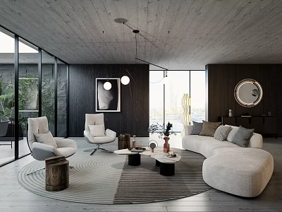 Elegant Modern Living Room With Soft Curved Sofa And Floor To Ceiling Glass Windows 3d model