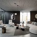 Elegant Modern Living Room With Soft Curved Sofa And Floor To Ceiling Glass Windows