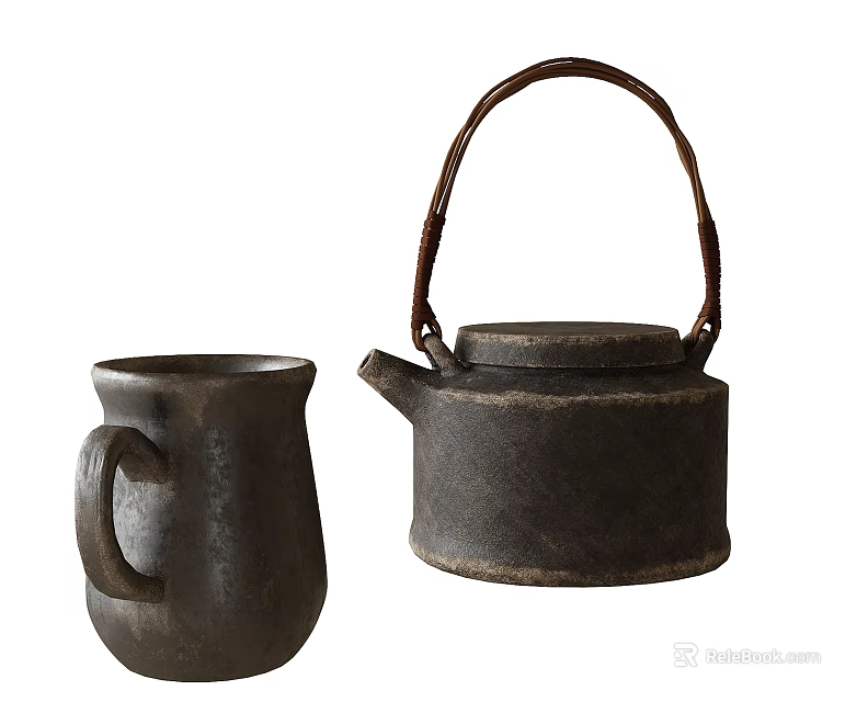 Rustic Ceramic Tea Set with Teapot and Mug Featuring Wooden Handle 3d model