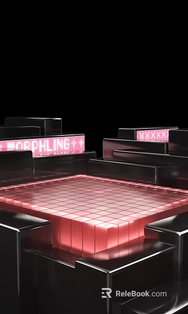 Modern Gaming Display With Pink MORPHLING Neon Sign Black Stepped Structures Red Glowing Grid Floor 3d model 