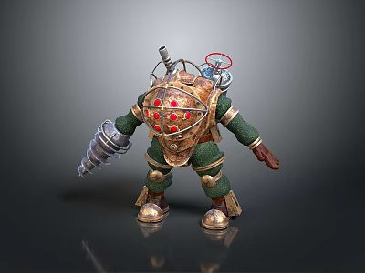 Green and Gold Armored Character With Diver Helmet Red Lights and Arm Mounted Weapon 3d model