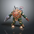 Green and Gold Armored Character With Diver Helmet Red Lights and Arm Mounted Weapon