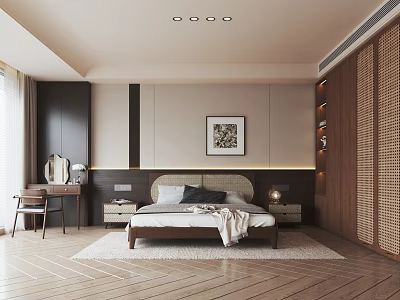 Modern Bedroom Interior With Platform Bed Framed Art Wooden Flooring Bedside Tables And Rug 3d model