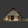Cartoon Scene Of Rustic Log Cabin With Tiled Roof And Wooden Door