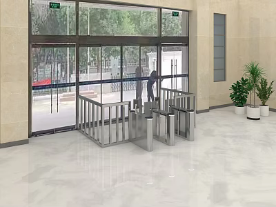 Office Hallway With Glass Doors Metal Turnstiles Green Plants Sleek Floor And Natural Light 3d model