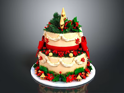 Festive Christmas Cake With Two Layers Cream Red Bow Holly Berries And Gold Ornaments 3d model