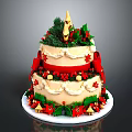 Festive Christmas Cake With Two Layers Cream Red Bow Holly Berries And Gold Ornaments
