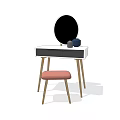 Modern Dressing Table with Round Mirror Gray Countertop Drawers and Pink Stool 3d model