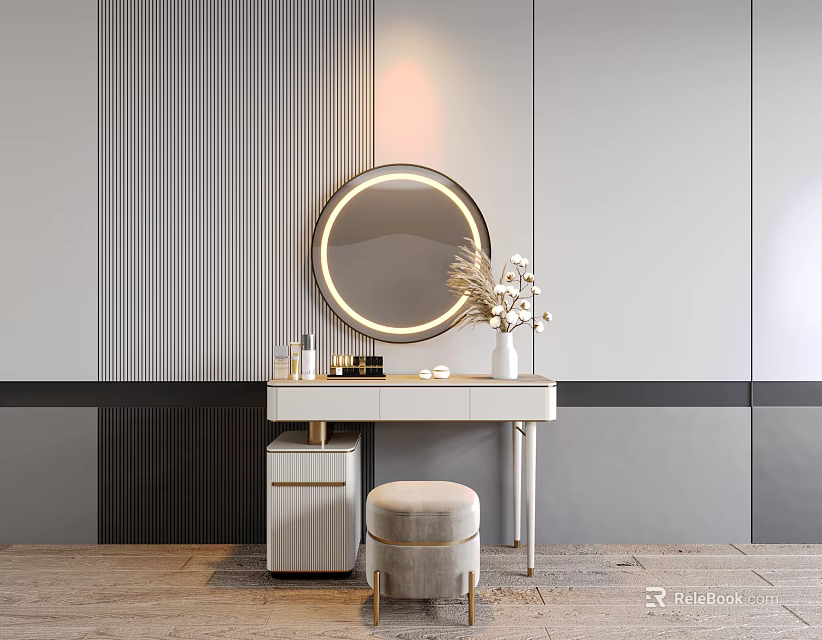 Modern Bedroom Interior With White Vanity Round Mirror And Gold Accents On Grey Walls 3d model 