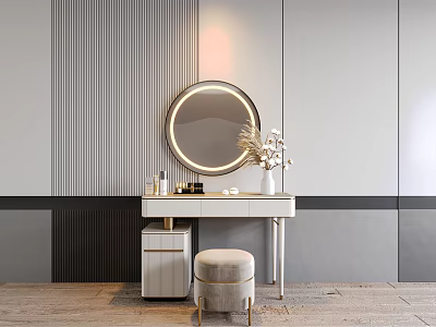 Modern Bedroom Interior With White Vanity Round Mirror And Gold Accents On Grey Walls 3d model