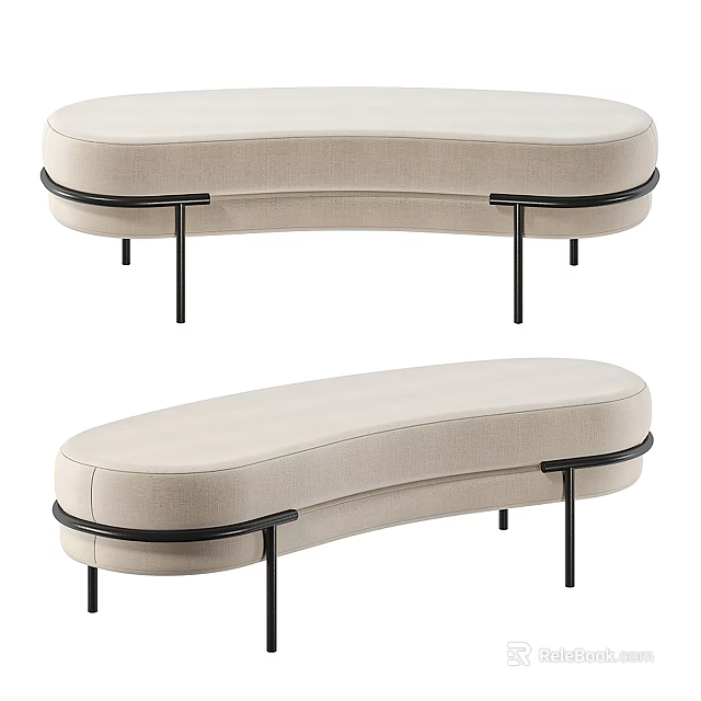 Modern Curved Ottoman With Beige Upholstered Surface And Black Metal Legs Design 3d model 