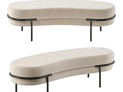 Modern Curved Ottoman With Beige Upholstered Surface And Black Metal Legs Design 3d model
