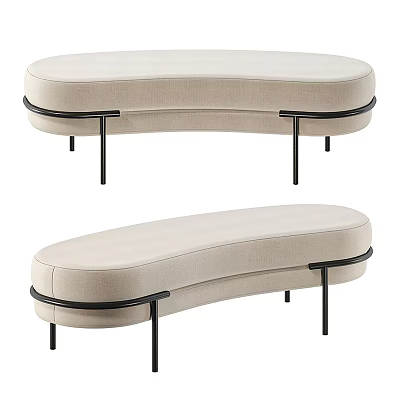 Modern Curved Ottoman With Beige Upholstered Surface And Black Metal Legs Design 3d model