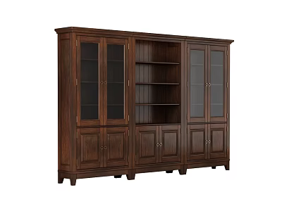 Dark Wood Traditional Bookcase With Glass Panel Doors And Wooden Storage Cabinets 3d model