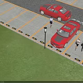 Red Car Parked In Parking Lot With People Walking Nearby Area