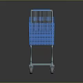 Blue Shopping Cart With Mesh Basket And White Wheels On Dark Background