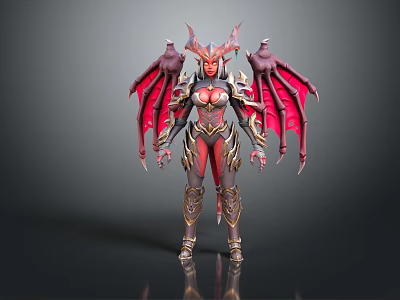 Mythical Warrior Character With Red Black Wings Horns And Golden Armor Design 3d model
