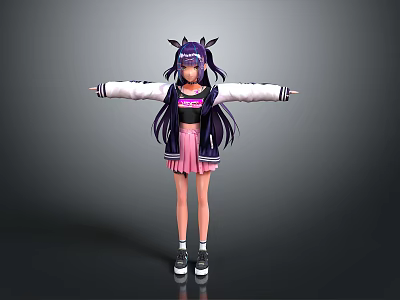 Anime Girl 3D Model With Purple Long Hair Cat Ears White Black Jacket Pink Skirt Sneakers 3d model