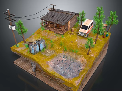 Rural Scene Model With Tile Roofed House Van Old Trees Utility Pole And Dirt Puddle 3d model