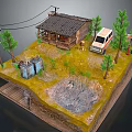 Rural Scene Model With Tile Roofed House Van Old Trees Utility Pole And Dirt Puddle