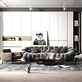 Elegant Modern Living Room Interior With Grey Sofa Armchair Artwork Bookshelf And Sculpture