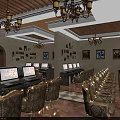 Modern Internet Cafe Interior With Chandelier Digital Menu Board Bar Counter Bookshelves And Green Plants