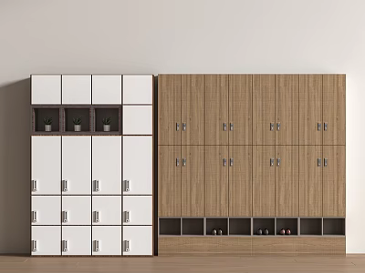 Modern White And Wooden Wardrobe Storage Cabinet With Multiple Compartments Drawers And Small Plants 3d model