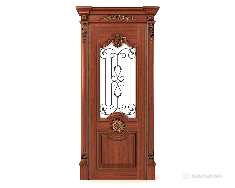 Classical Wooden Swing Door With Carved Decorations And Glass Panel 3d model 